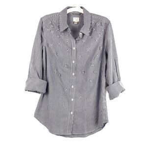 A New Day Blouse Blue White Stripe Top  Roll Up Sleeves Button Down Size Small